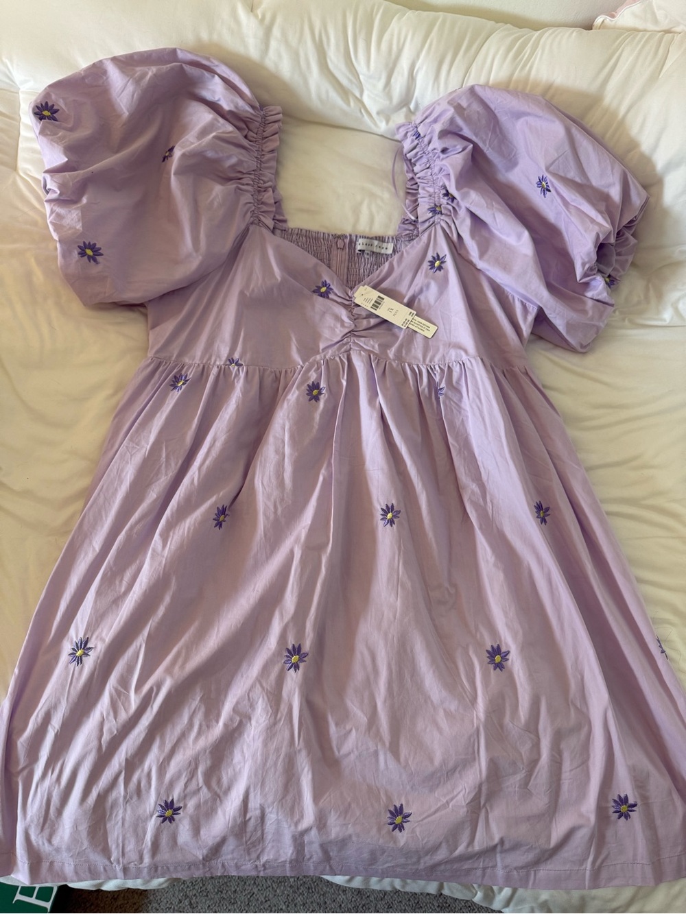 Anthropologie Lilac Puff-Sleeve Dress with Purple Daisy Embroidery